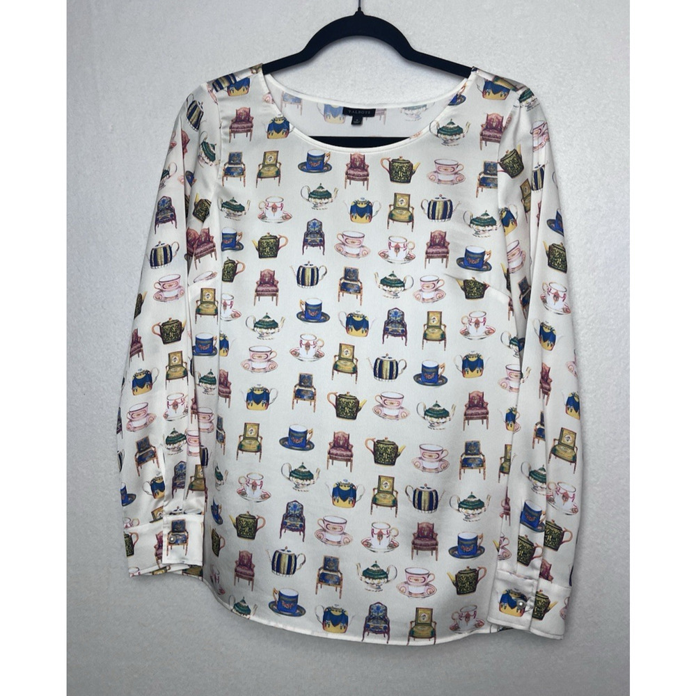 Talbots Women's Long Sleeve Blouse Size Small Teapots Teacups Cottagecore